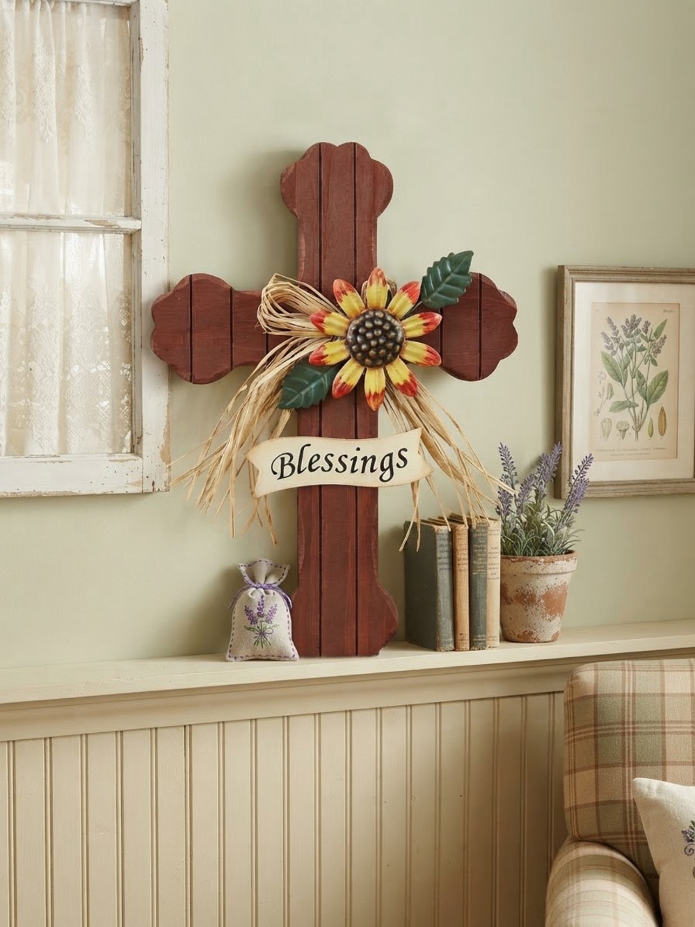 Vintage “Blessings” Rustic Brown Wooden Cross Wall Decor with Sunflower Accent